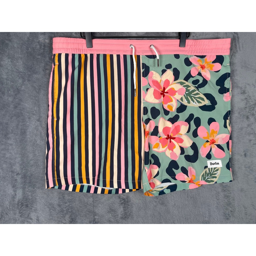 Duvin Design Co Mens Swim Trunks Size Large Pink Stripe Floral Leopard